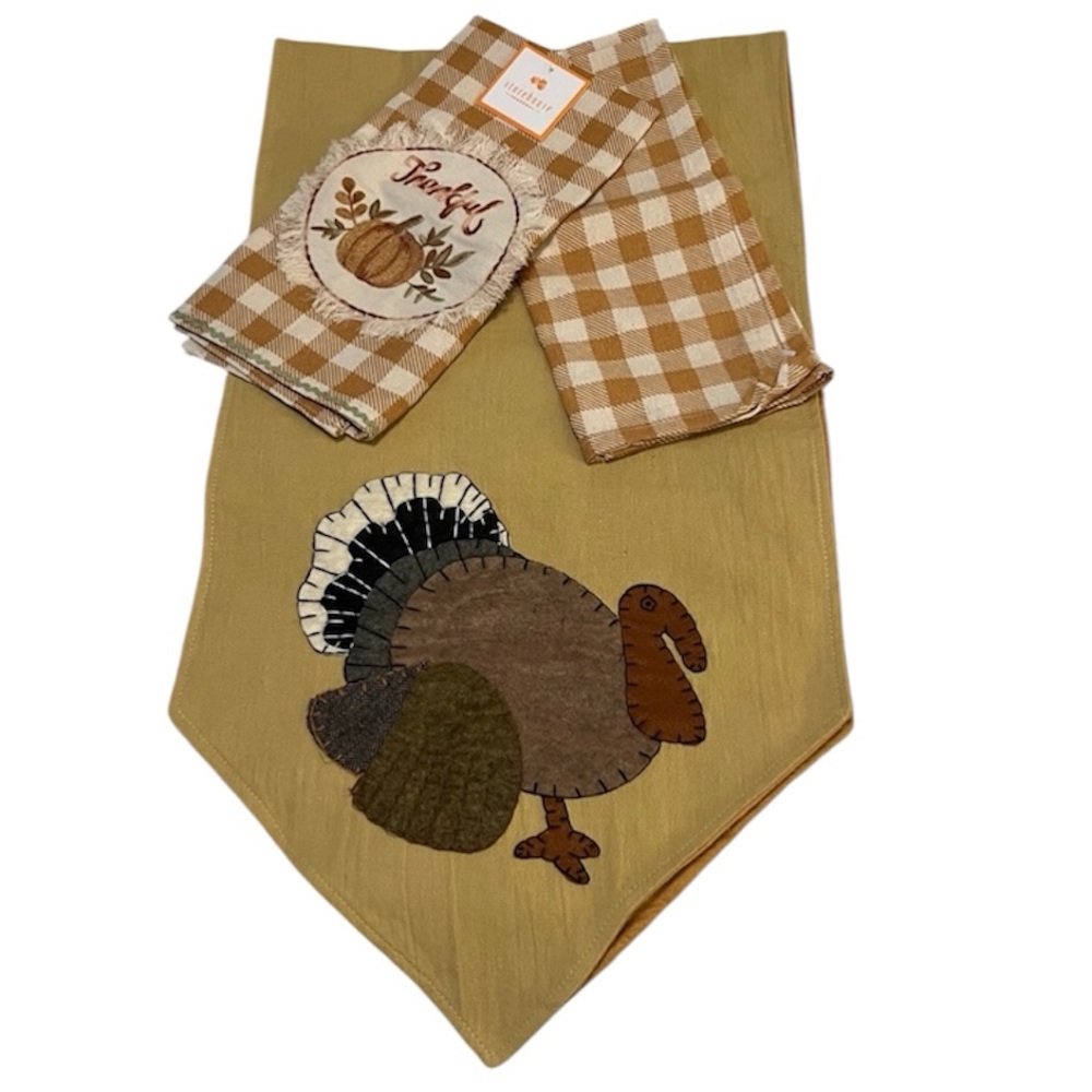 Thanksgiving Pumpkin Themed Dishtowels Turkey Appliqués Table Runner Bundle